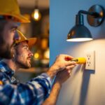 A photograph of a lighting contractor installing a usb duplex outlet in a residential setting