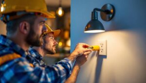 A photograph of a lighting contractor installing a usb duplex outlet in a residential setting