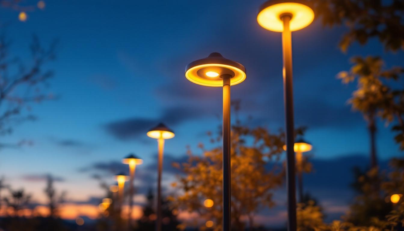 A photograph of a well-lit outdoor space featuring tall outdoor lights
