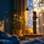 A photograph of a cozy indoor space illuminated by warm