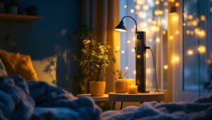 A photograph of a cozy indoor space illuminated by warm