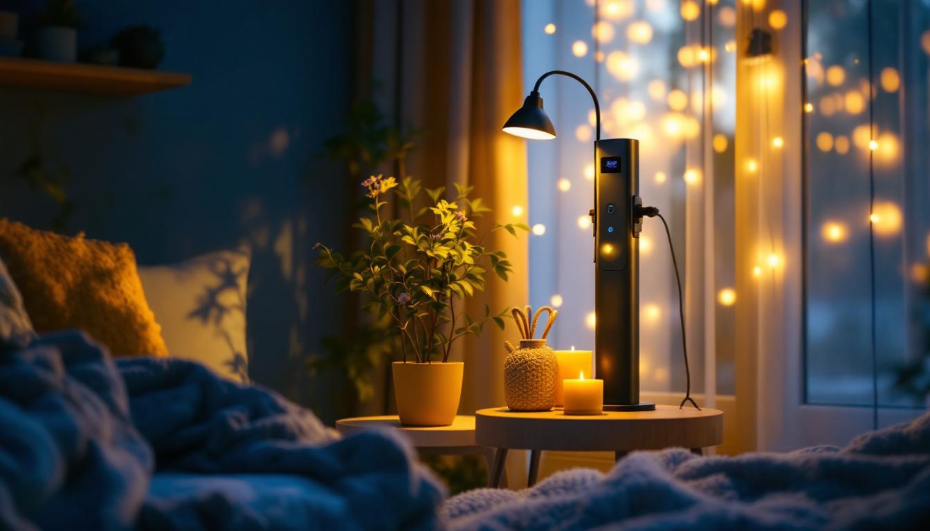 A photograph of a cozy indoor space illuminated by warm