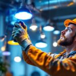 A photograph of a lighting contractor expertly installing or adjusting a variety of hid lights in a commercial or residential setting