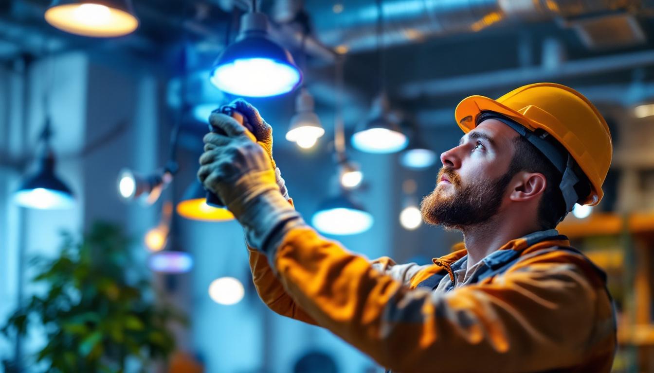 A photograph of a lighting contractor expertly installing or adjusting a variety of hid lights in a commercial or residential setting