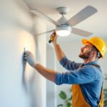 A photograph of a lighting contractor installing a wall switch for a ceiling fan in a modern home setting