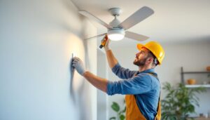 A photograph of a lighting contractor installing a wall switch for a ceiling fan in a modern home setting