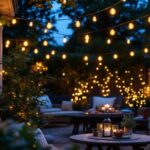A photograph of a beautifully illuminated outdoor space featuring a variety of portfolio landscape string lights