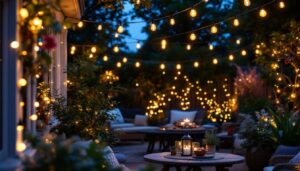 A photograph of a beautifully illuminated outdoor space featuring a variety of portfolio landscape string lights