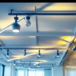 A photograph of a beautifully designed suspended ceiling featuring sleek track lighting