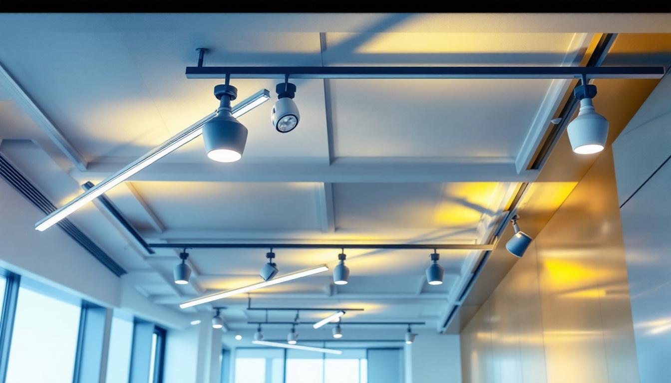 A photograph of a beautifully designed suspended ceiling featuring sleek track lighting