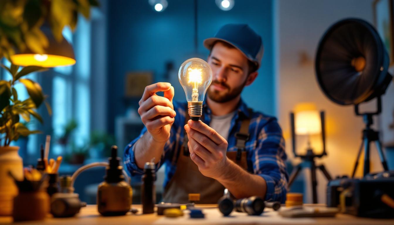 A photograph of a lighting contractor expertly installing a type c lamp bulb in a stylish