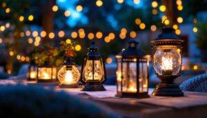 A photograph of a beautifully arranged outdoor setting featuring various styles of lantern lighting fixtures