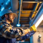A photograph of a lighting contractor installing led fixtures in a commercial space