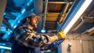 A photograph of a lighting contractor installing led fixtures in a commercial space