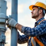 A photograph of a lighting contractor expertly installing or adjusting a 16-foot pole light in an outdoor setting