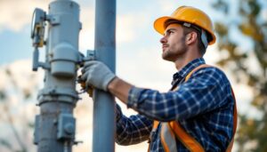 A photograph of a lighting contractor expertly installing or adjusting a 16-foot pole light in an outdoor setting