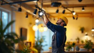 A photograph of a lighting contractor skillfully installing or adjusting various types of track lighting in a modern interior space