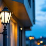 A photograph of a cast aluminum light pole installed in a well-lit outdoor setting