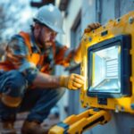 A photograph of a lighting contractor installing or inspecting a flood light junction box in an outdoor setting