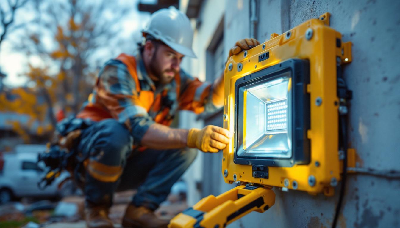 A photograph of a lighting contractor installing or inspecting a flood light junction box in an outdoor setting
