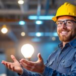 A photograph of a lighting contractor confidently presenting a bright
