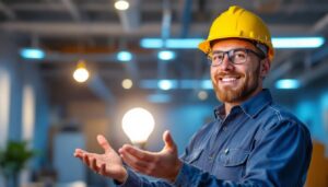 A photograph of a lighting contractor confidently presenting a bright