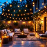 A photograph of a beautifully illuminated outdoor patio featuring various styles of led lights