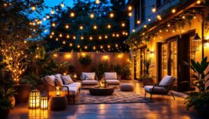 A photograph of a beautifully illuminated outdoor patio featuring various styles of led lights
