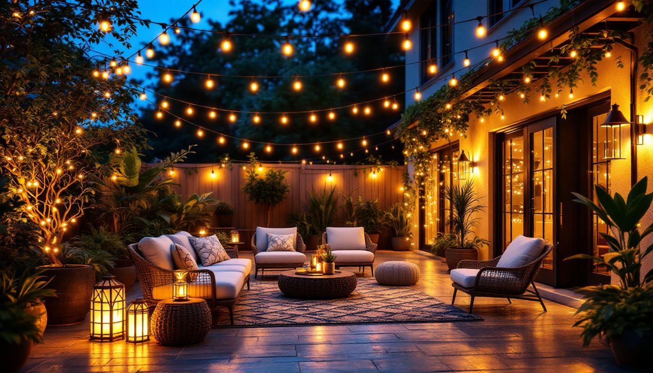 A photograph of a beautifully illuminated outdoor patio featuring various styles of led lights