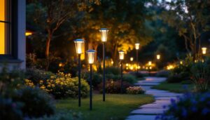 A photograph of a well-lit outdoor scene featuring various styles of standing solar lights in a beautifully landscaped garden
