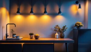 A photograph of a modern lighting installation that showcases innovative designs and fixtures