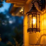 A photograph of a beautifully designed large hanging porch light illuminating an inviting outdoor space
