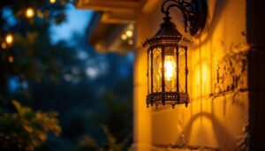 A photograph of a beautifully designed large hanging porch light illuminating an inviting outdoor space