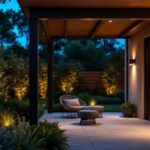 A photograph of a stylish outdoor ceiling motion sensor light illuminating a beautifully landscaped patio or entranceway at dusk