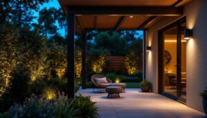 A photograph of a stylish outdoor ceiling motion sensor light illuminating a beautifully landscaped patio or entranceway at dusk