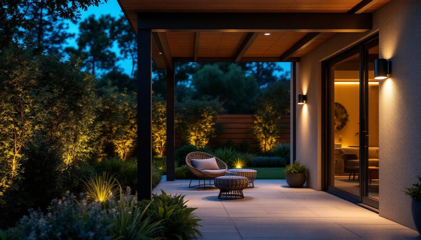 A photograph of a stylish outdoor ceiling motion sensor light illuminating a beautifully landscaped patio or entranceway at dusk