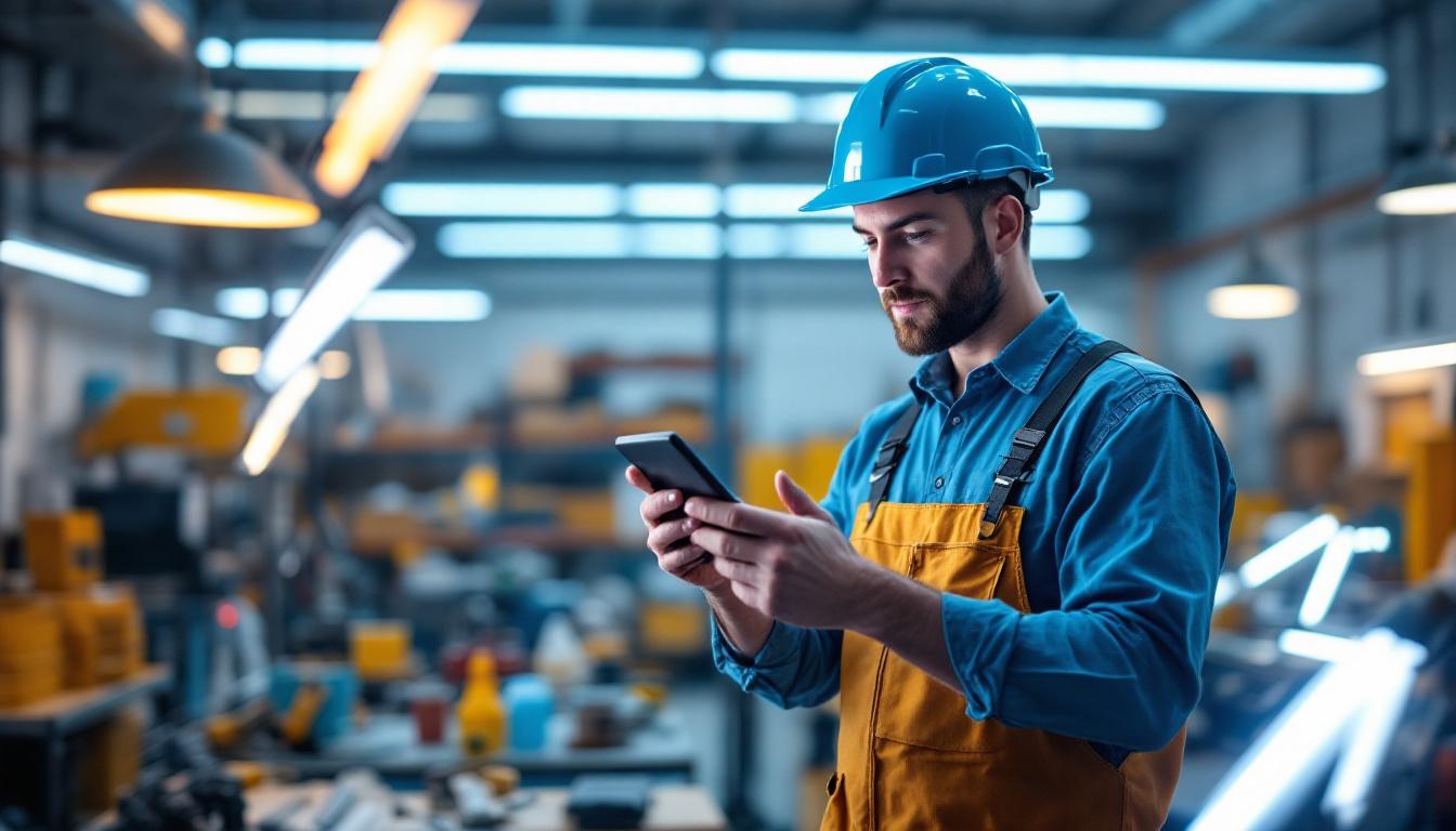 A photograph of a lighting contractor working with a variety of led fixtures in a well-lit workshop