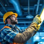 A photograph of a lighting contractor expertly installing or adjusting a fluorescent lighting fixture in a modern workspace