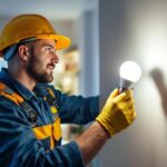 A photograph of a lighting contractor expertly installing an mr16 led bulb in a modern residential setting