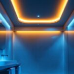 A photograph of a beautifully lit modern bathroom featuring sleek led ceiling lights