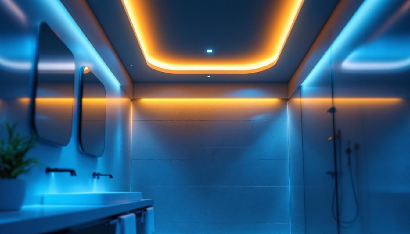 A photograph of a beautifully lit modern bathroom featuring sleek led ceiling lights