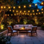 A photograph of a beautifully illuminated outdoor patio scene at dusk
