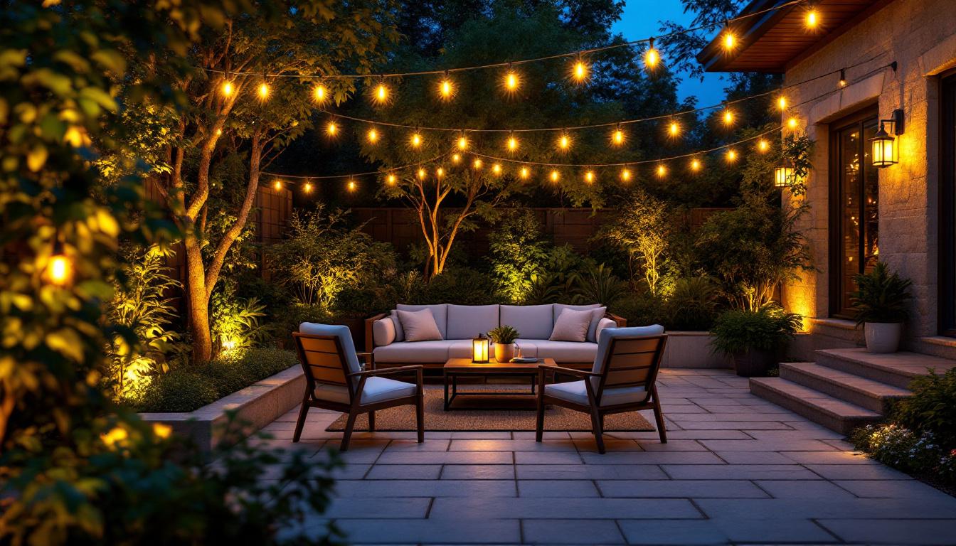 A photograph of a beautifully illuminated outdoor patio scene at dusk