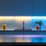 A photograph of a sleek kitchen featuring under cabinet led lighting