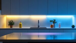 A photograph of a sleek kitchen featuring under cabinet led lighting