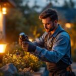 A photograph of a lighting contractor skillfully installing stylish landscape lights in a beautifully landscaped garden during the golden hour