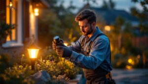 A photograph of a lighting contractor skillfully installing stylish landscape lights in a beautifully landscaped garden during the golden hour