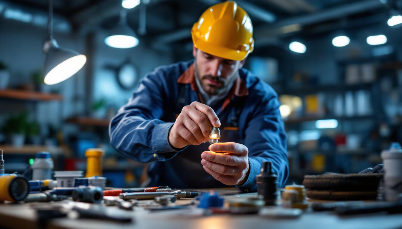 A photograph of a skilled lighting contractor demonstrating the installation of an adapter for a washer plug