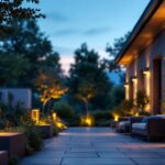 A photograph of a beautifully illuminated outdoor space featuring modern led light fixtures in various designs