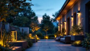 A photograph of a beautifully illuminated outdoor space featuring modern led light fixtures in various designs